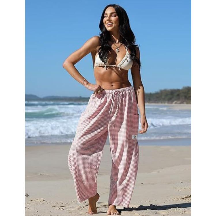 Women Plaid Wide Leg Pants High Waist Drawstring Elastic Waist Casual Loose Fit Cropped Trousers S