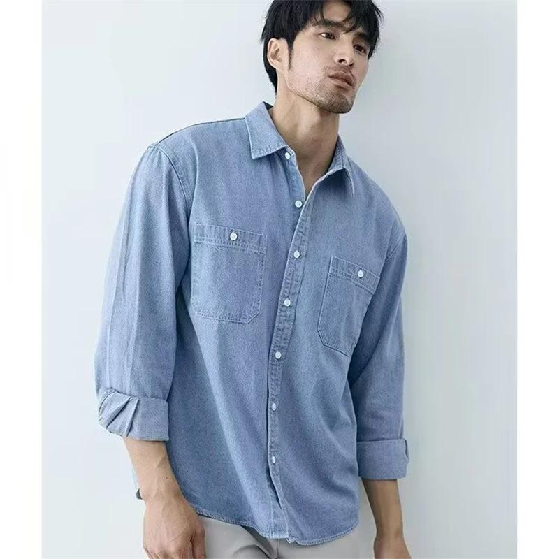 2026 Spring Autumn Men Slim Fit Denim Shirts Men Casual Solid Color Shirts Male Long Sleeve Jeans Shirt Fashion Cowboy Shirt
