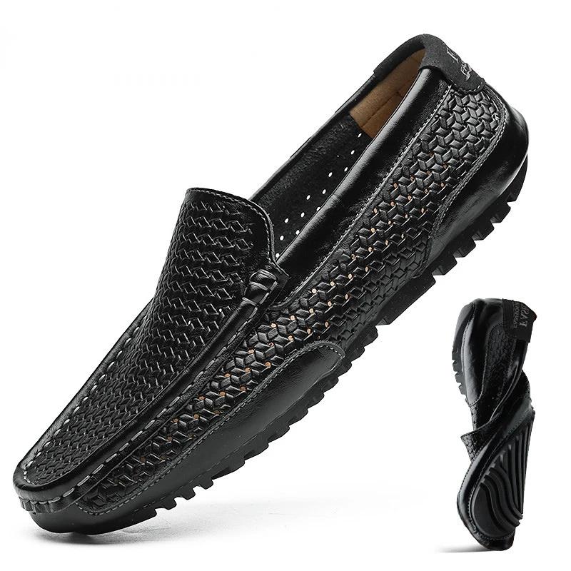 2026 Black Men Shoes Casual Genuine Leather Mens Loafers Moccasins Luxury Brand Italian Breathable Slip On Boat Shoes Zapatos