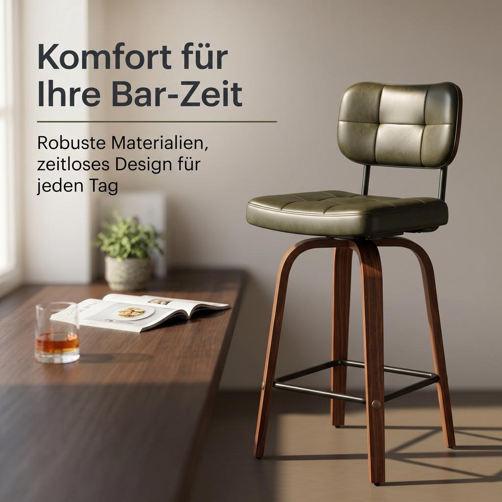 Curve Bar Stool - Swivel PU-Upholstered Stool with Curved Wood Sickle Backrest & Metal Frame, 360 degrees Swivel, Set of 2