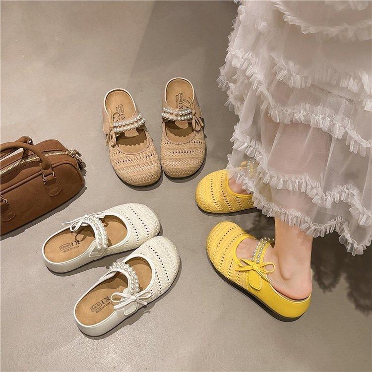 Baotou Slippers Wear Women's Heightening Pearl Birkencool Slippers with One Pedal, Breathable Mesh Flying Weaving 2025 Summer New Models