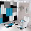 Geometric Blue Shower Curtain Set Non-Slip Rug Toilet Lid Cover Bath Mat Black Gray Bathroom Decor Waterproof