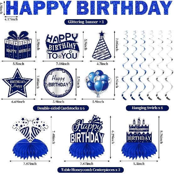 11Pcs Happy Birthday Decorations Kit for Men, Blue Sliver Happy Birthday Banner, Awesome Since Glitter Banner Party Supplies, Bday Decor Centerpieces