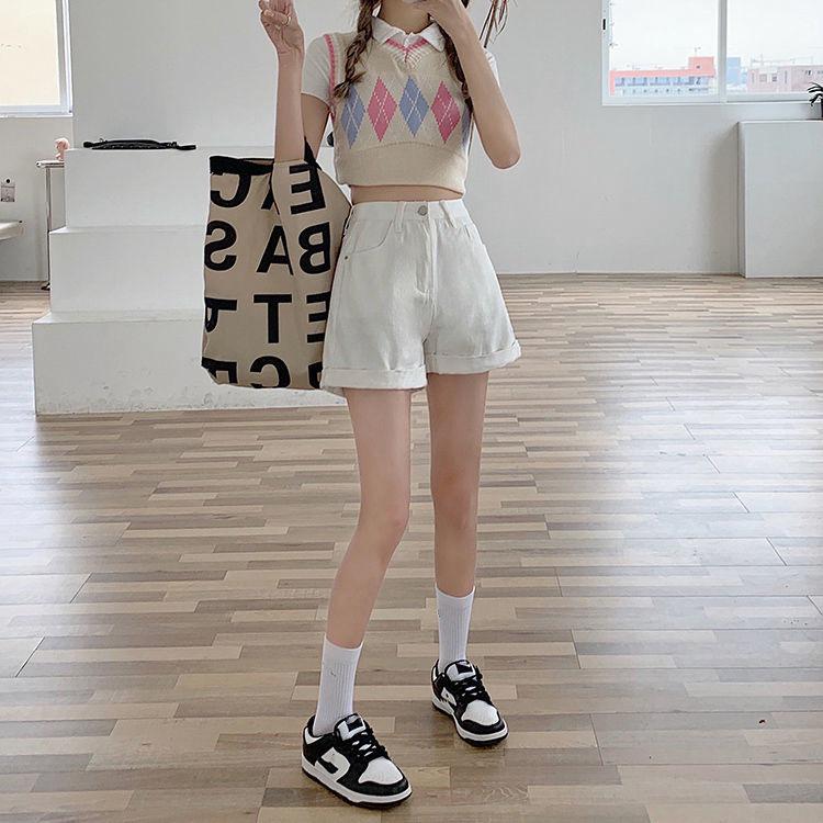 Dam Högmidjade Denimshorts med Vida Ben i Koreansk Stil - Sommartrend 2021