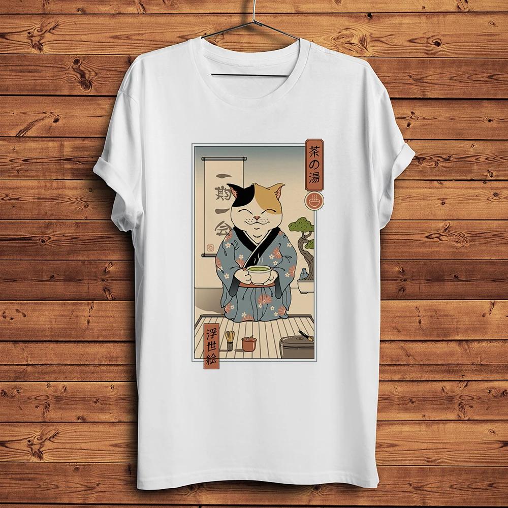 Japan Vintage Ukiyoe Neko Cat Tea Ceremony,Funny Anime T Shirt Men,Casual Short Sleeve Tshirt,U
