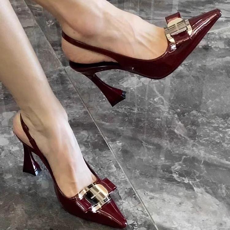 

metal buckle heightened pointed toe with thin heels high heels royal sister style sexy empty sandals look thin 34 бордовий