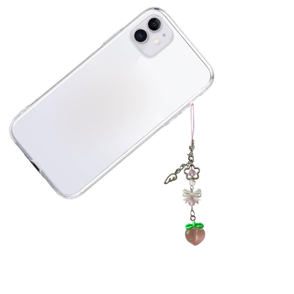 Cute Peach Phone Charm Stylish Keychain Pendant Bowknot Flower Beaded Keyring Personalized Accessory for Women and Girls