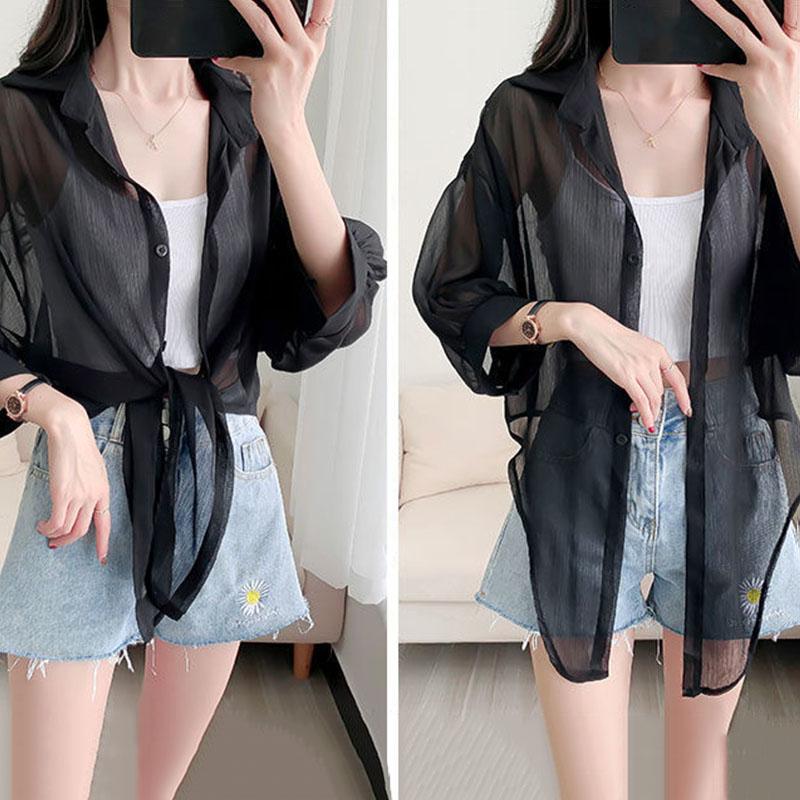 Chiffon Doll Sleeve Cardigan Women's Thin Sun Protection Shirt Short Outer Shawl Loose Top Thin Coat White Polo Collar Shirt