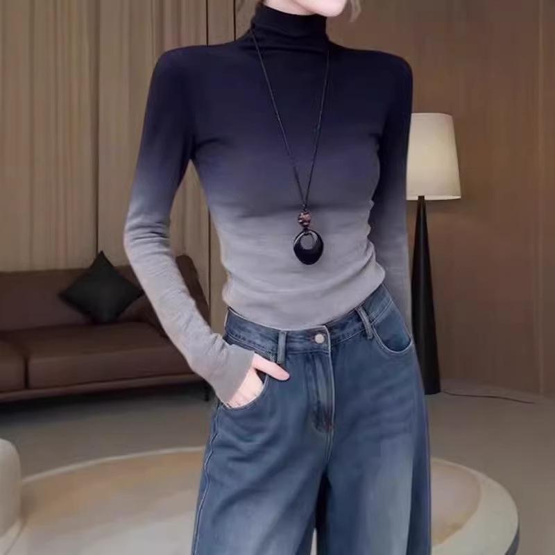 Gradient Cropped Semi-High Neck Slim Fit Thermal Top - 2026 Autumn/Winter Korean Style Women's Clothing