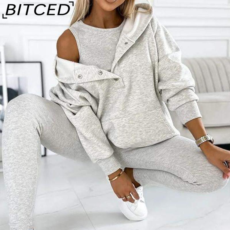 BITCED Women's Sportswear Hooded Sweatshirt with Thick Ribbed Slim-Fit Vest and Trousers Three-Piece Set