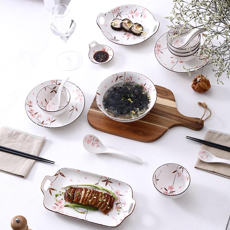 Chinese Underglaze Floral Ceramic Tableware: Rice & Soup Bowls, Plates