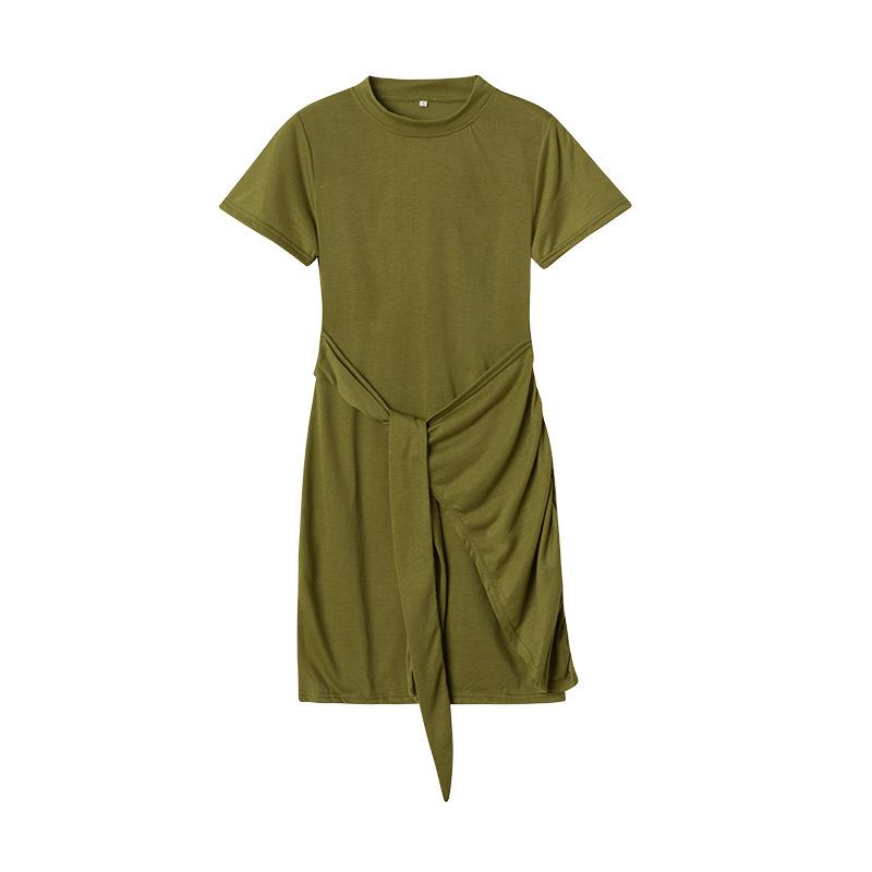 IHUASU Summer Short Sleeve Round Neck Pleated Bow Belt Irregular Dress