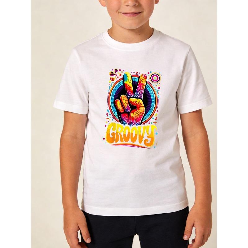 Boys Teens Crewneck T-Shirt, Retro Psychedelic GROOVY Peace Hand Sign Print 110
