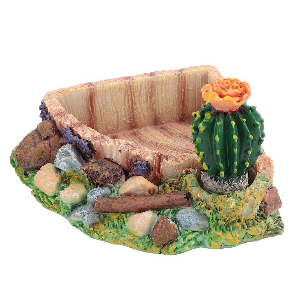 Reptile Pet Turtle Tortoise Lizard Feeding Water Bowl Plate with Cactus Home Decoration