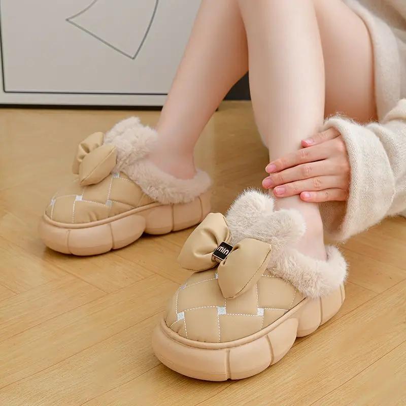 Fashion 2025 New Winter Waterproof Warm Slippers Women Home Floor Shoes Soft Plush Bow Female Indoor Furry Chunky Slippers