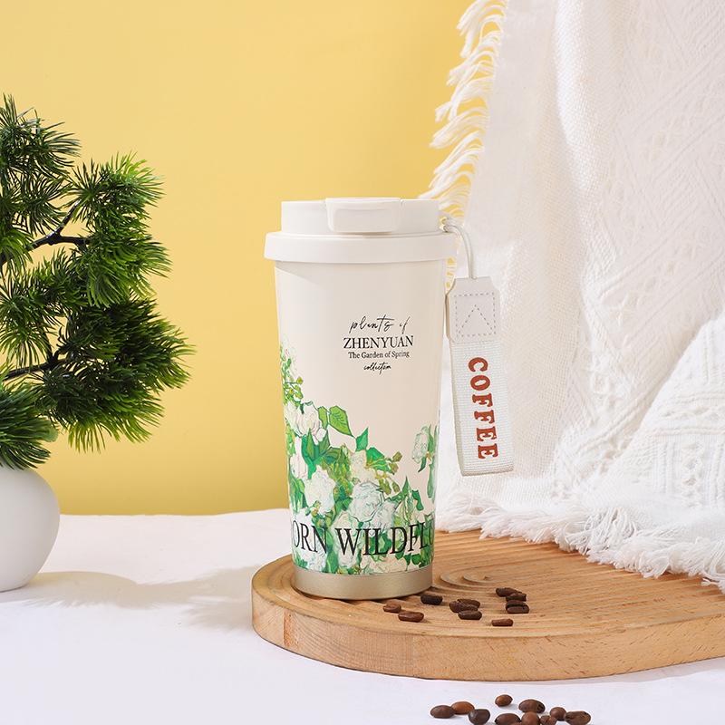 Water Bottle Pattern Stainless Steel Lily of the Valley Coffee Cup Accompanying Thermos Cup Large Capacity Double Drinking Straw Cup