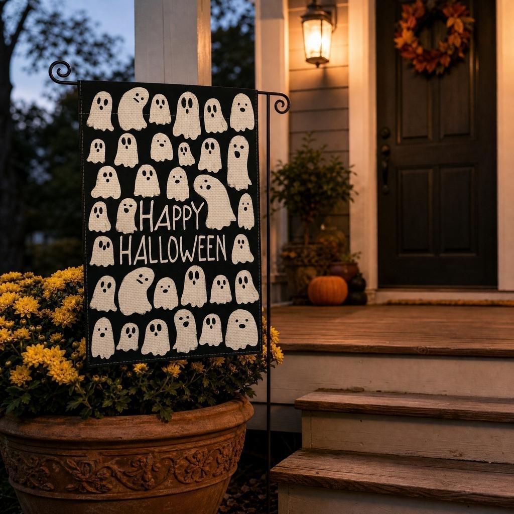 Autumn Garden Flag with Ghost and Pumpkin Print Boo Lettering Decorative Welcome Banner for Outdoor Yard 45x30cm Seasonal Decor