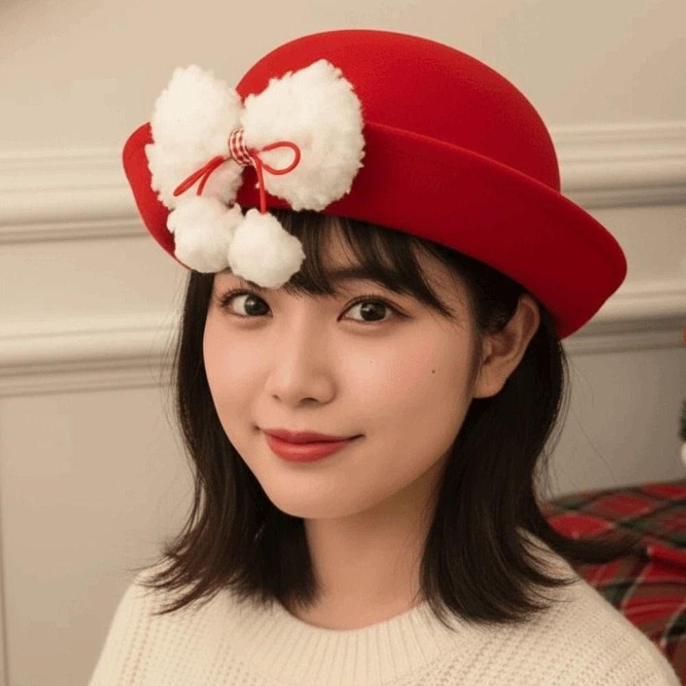 Vintage Looking Red Bowler Hats Japanese Style Girls Dome Hat Basin Hat Woolen Bucket Cap  Winter