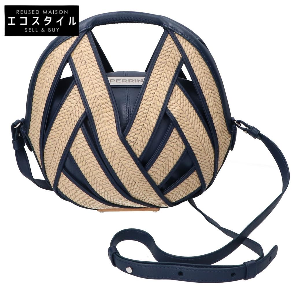 PERRIN Paris Drawer Exclusive [Excellent Condition] LE PETIT PANIER Leather X Raffia Shoulder Bag Navy / naturalUsed