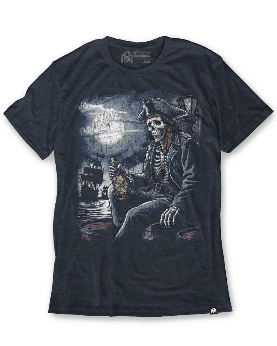 Skeleton Pirate T-Shirt Skull Sailor Drinking Rum Graphic Vintage Tee S