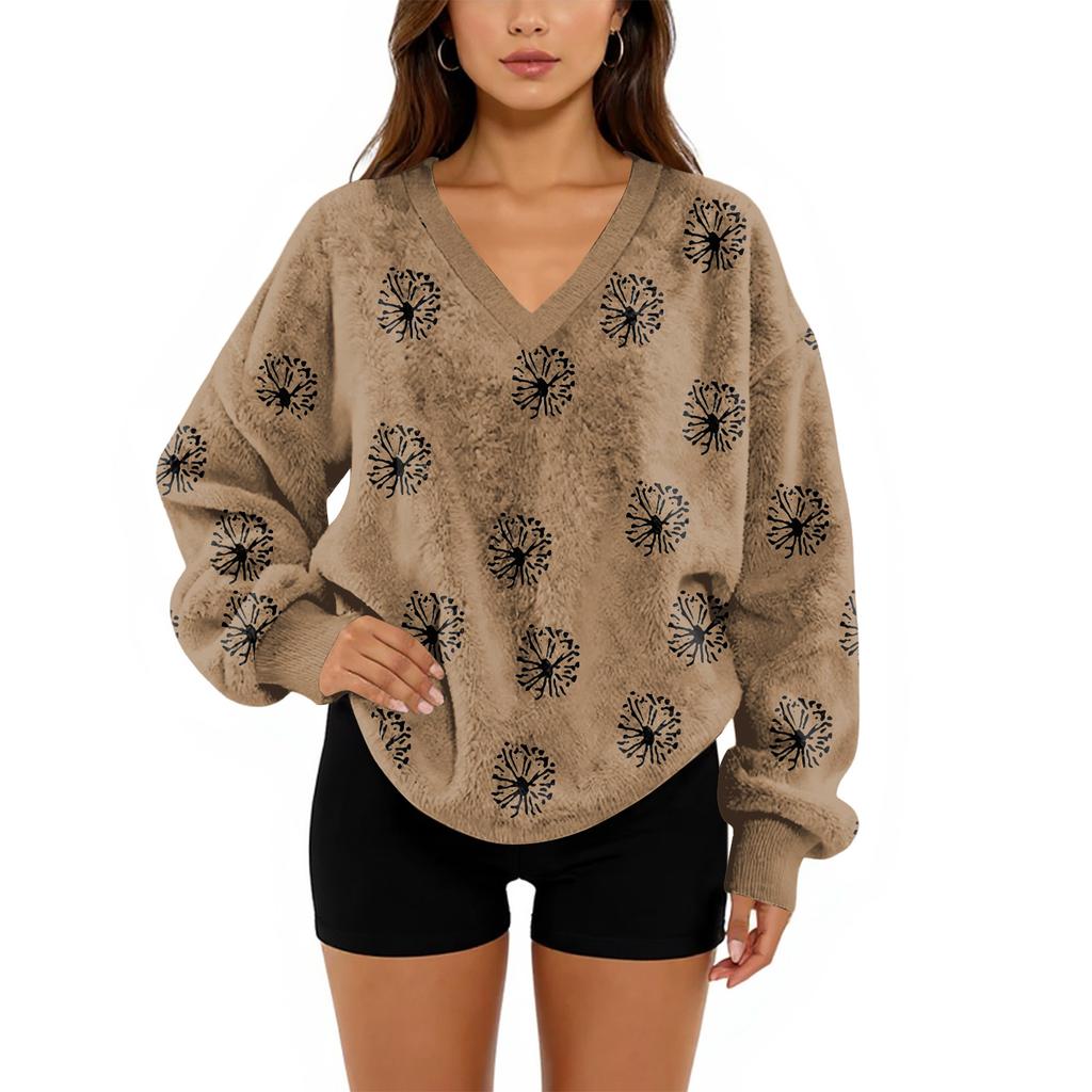 Women's V-Neck Sweatshirt Plush Solid Color Casual Fashion Long Sleeve With Pocketed Pullover Top