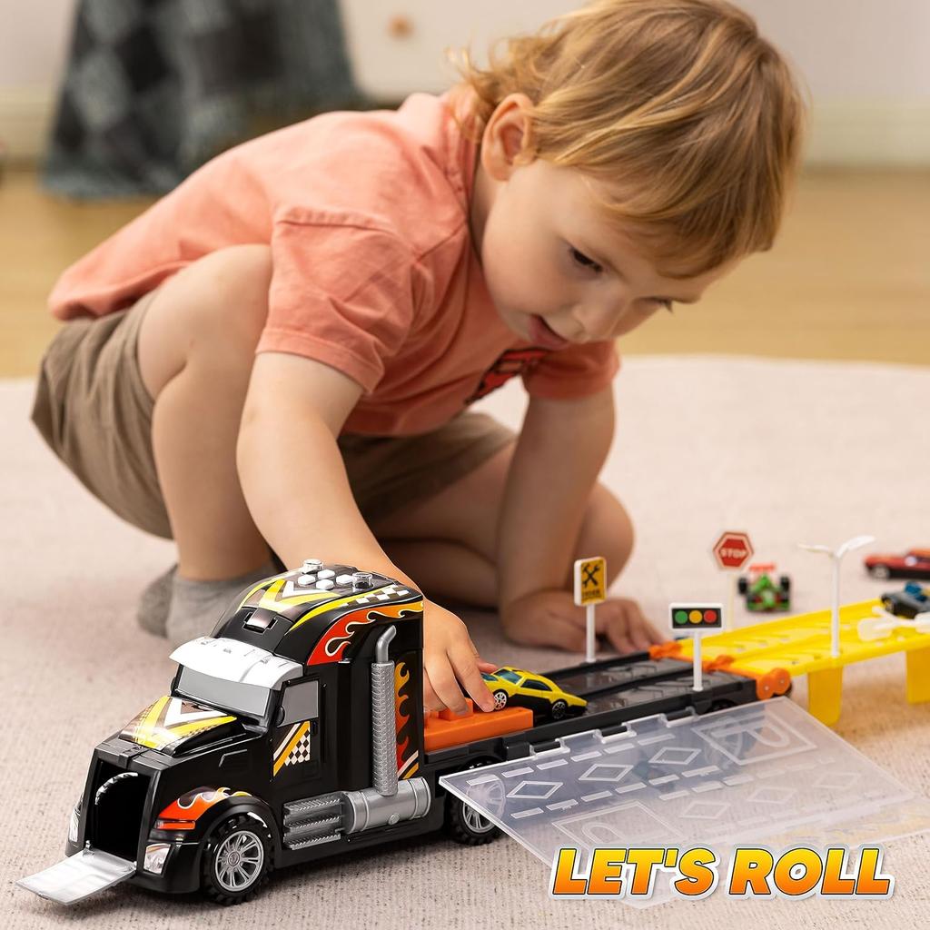 JOYFY Toy Truck Playset Race Toy Cars 60" Extra Long Race Track and 12 Die-Cast Metal Cars for Boy Girls 3-9 Years Birthday Gift