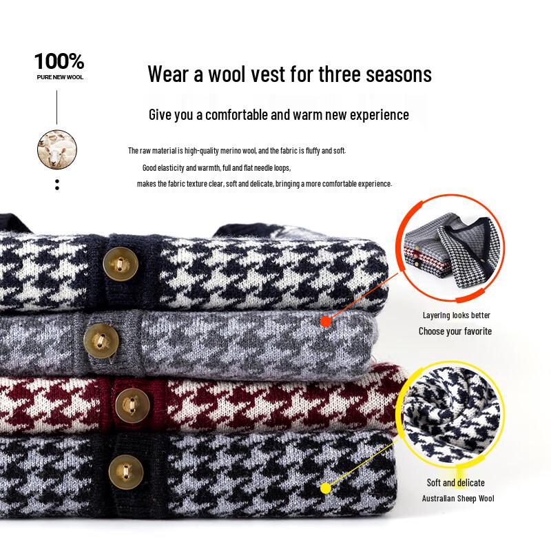 Hengyuanxiang Men's 100% Pure Wool V-Neck Cardigan Vest