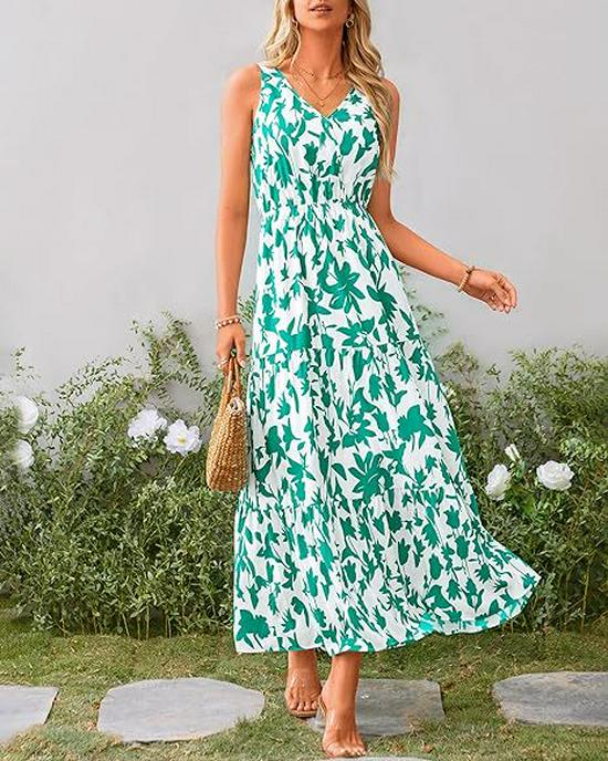 

2025 V-Neck Sleeveless Print Dress with Elastic Waist - European & American Style M зелёный