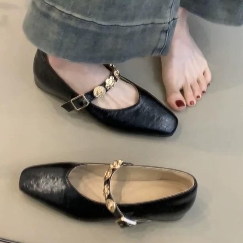Vintage Square Toe Shallow Mouth Mary Jane Shoes Women One-line Buckle Belt Solid Genuine Women Single Shoes All Match