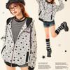 Women's Grey Star Print Hooded Sweatshirt - Cotton Blend, Loose Fit, Zipper Cardigan, Retro Style for Spring and Autumn