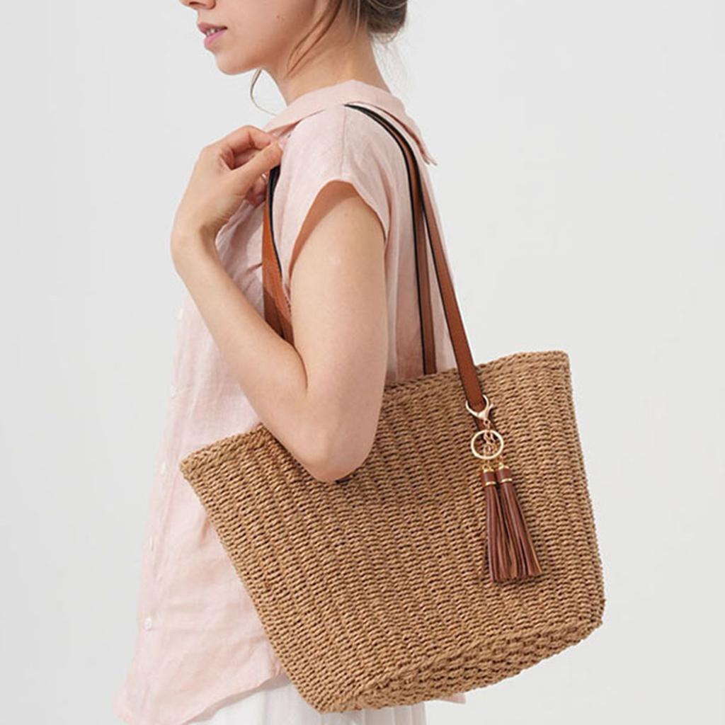 Grass Weave Tote Bag for Women Fashion Straw Bag with PU Leather Large Capacity Shoulder Crossbody Beach Handbag Summer Vacation