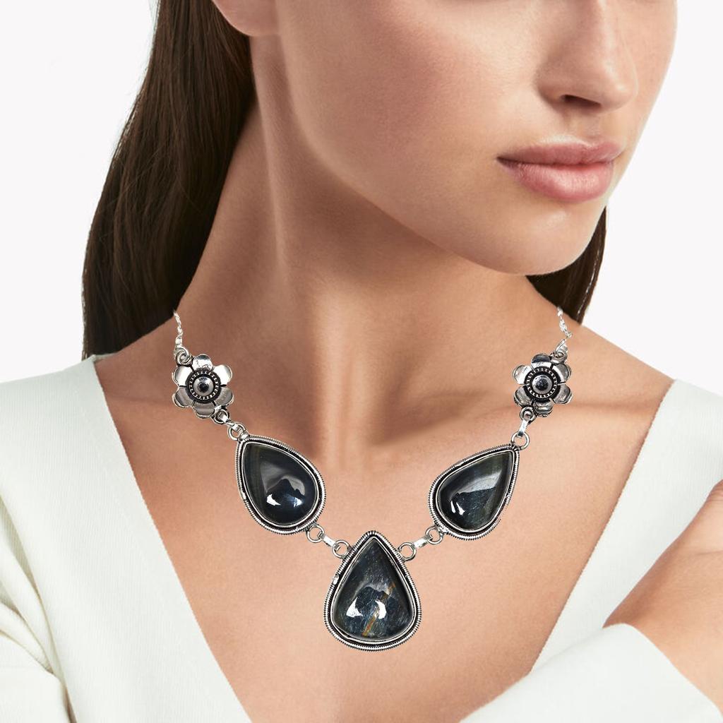 Black Tiger'S Eye Gemstone Mother's Day Silver Jewelry Necklace 20 In