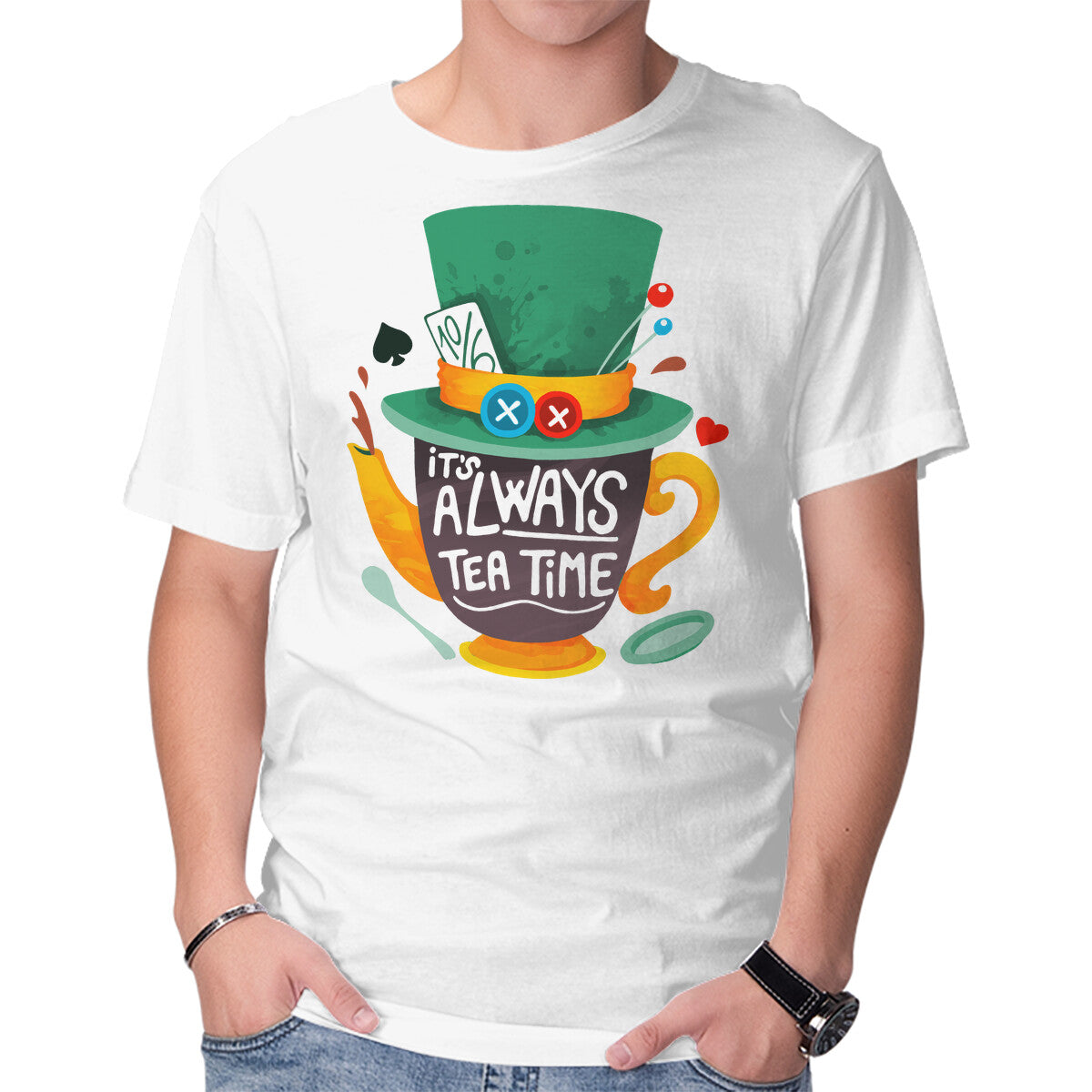 Unisex Crew Neck T-Shirt Always Tea Time Graphic Short Sleeve Casual Tee M