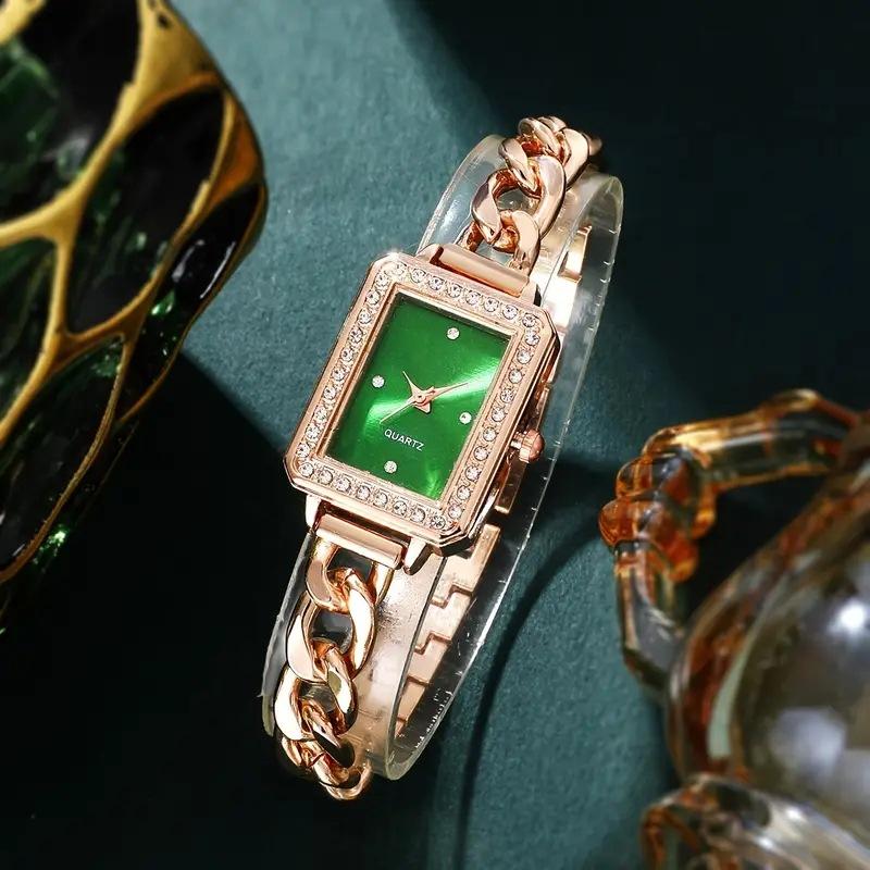 Women'S Watch Fashion Simple Temperament Square Quartz Watch + Versatile Chain Red Gemstone Necklace + Earrings + Bracelet