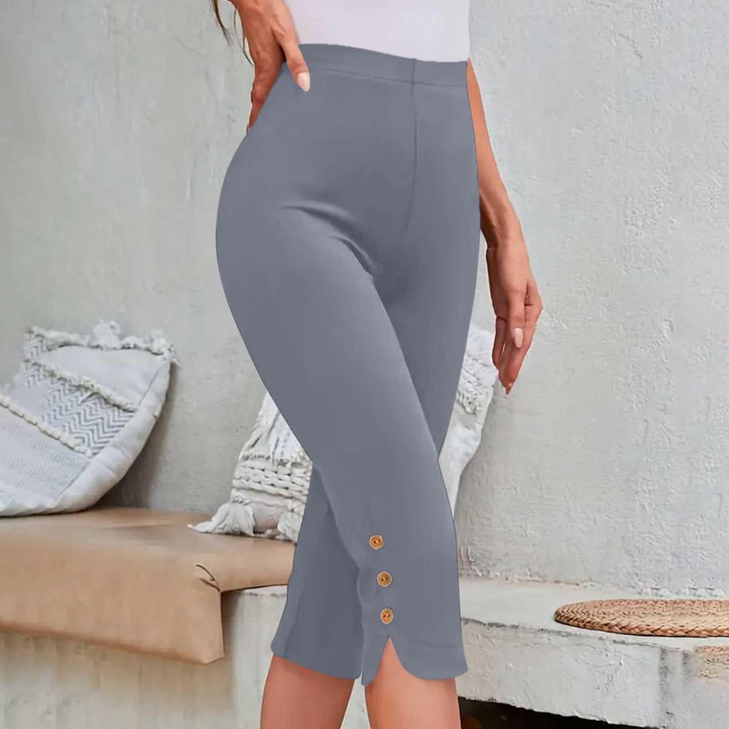 Women's Fashionable Solid Color High Waist Slimming Casual Elastic Waist Bottom Cropped Pants