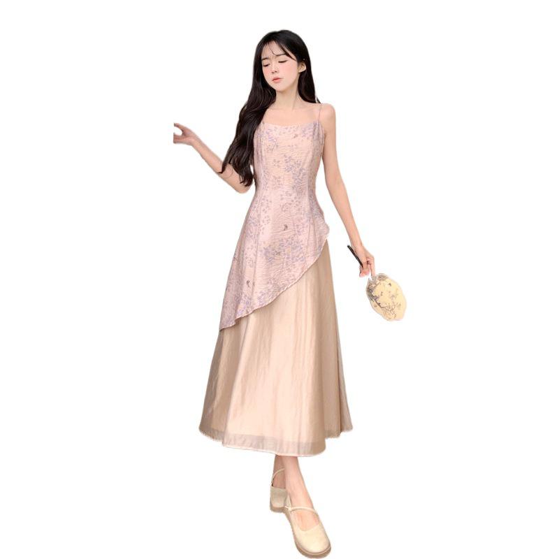 2024 Summer Zen-Inspired Chinese Cheongsam Dress: Irregular Print, Long Suspender Skirt