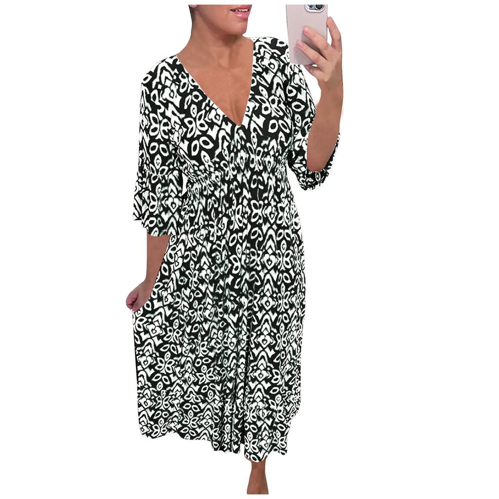 Women's Fashionable Casual Printed V-Neck Dress With Tunic Waist Ruffle Sleeves 3/4 Sleeves A-Line Dress