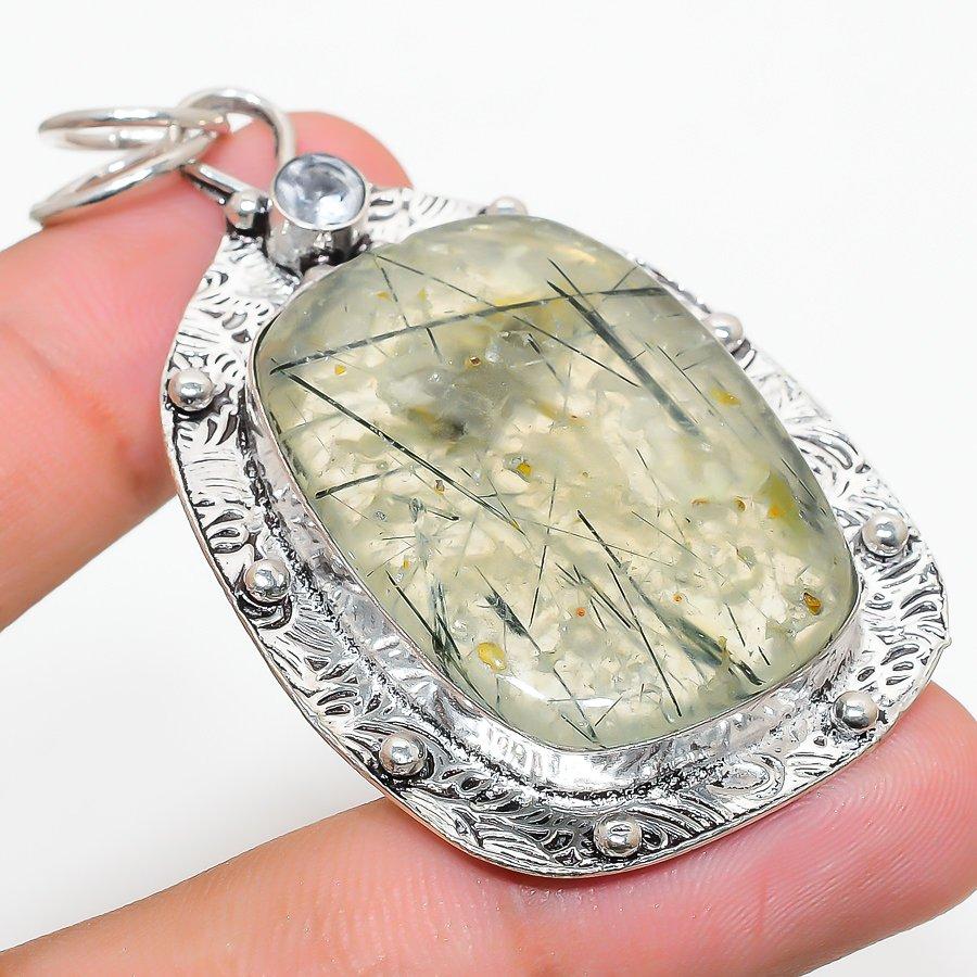 

Natural Prehnite, White Topaz Gemstone 925 Sterling Silver Pendant 2.56 l5b72