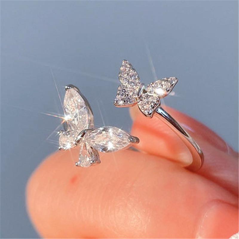 

925 Sterling Silver Crystal Butterfly Opening Rings for Women Exquisite Cubic Zirconia Adjustable Ring Fashion Versatile Jewelry resizable