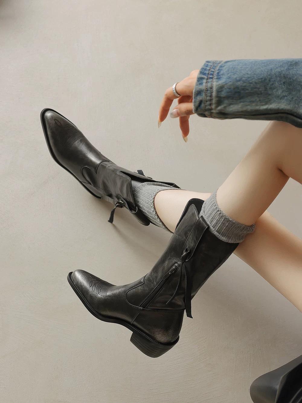 

Deer Nara temperament pointed toe ins thick heel retro European and American western boots medium tube knight boots women s long boots autumn and wint 35