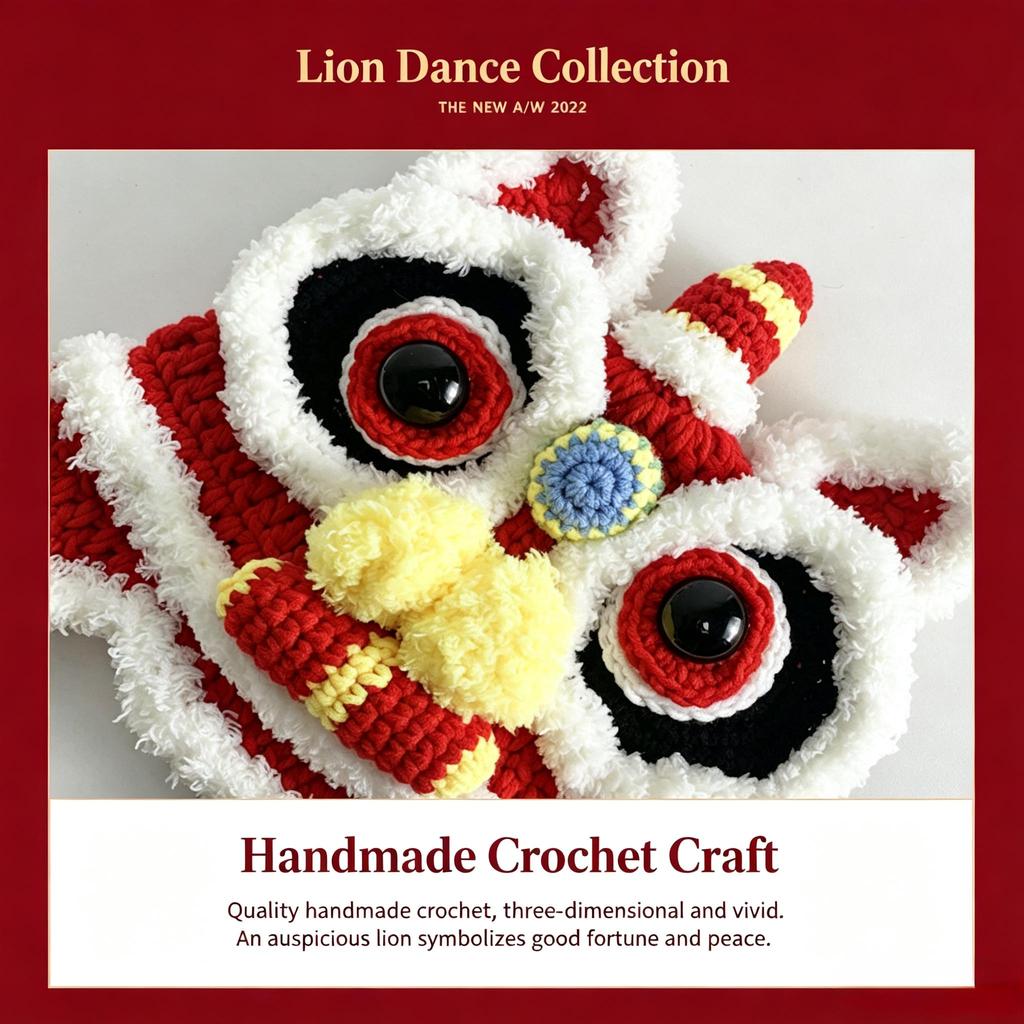 Hand‑Crochet Chinese Lion Dance Hat, Traditional New Year Knit Earflap Winter Party Festival Gift Beanie
