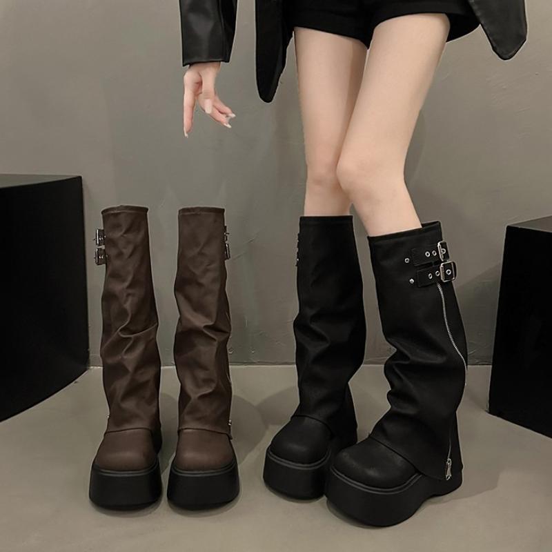 Punk Style Platform Thick Bottom Women Knight Boots Fashion Button Combination Splicing Height Increase Female Long Booties