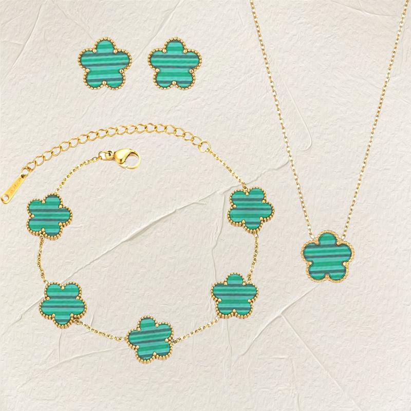 Luxury Zircon Set for Women copper Color Chain Stainless Steel Double Sided Five Leaf Flower Necklace Earrings Bracelet Clover