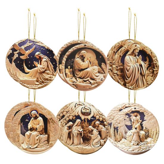 12 Pcs Nativity Scene Ornament Round Wooden Birth of Jesus Christian Keepsake Religious Hanging Pendant for Christmas Home Car Decor