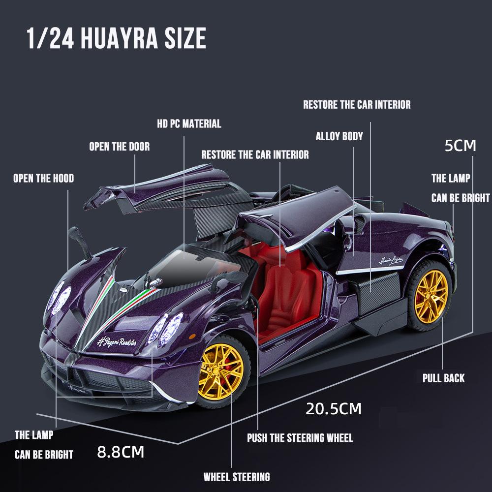 1/24 Scale Huayra Diecast Car Model Toy, Pull Back Toy Vehicle with Sound and Light for Kids Toddler Boys Girls Gift Collection