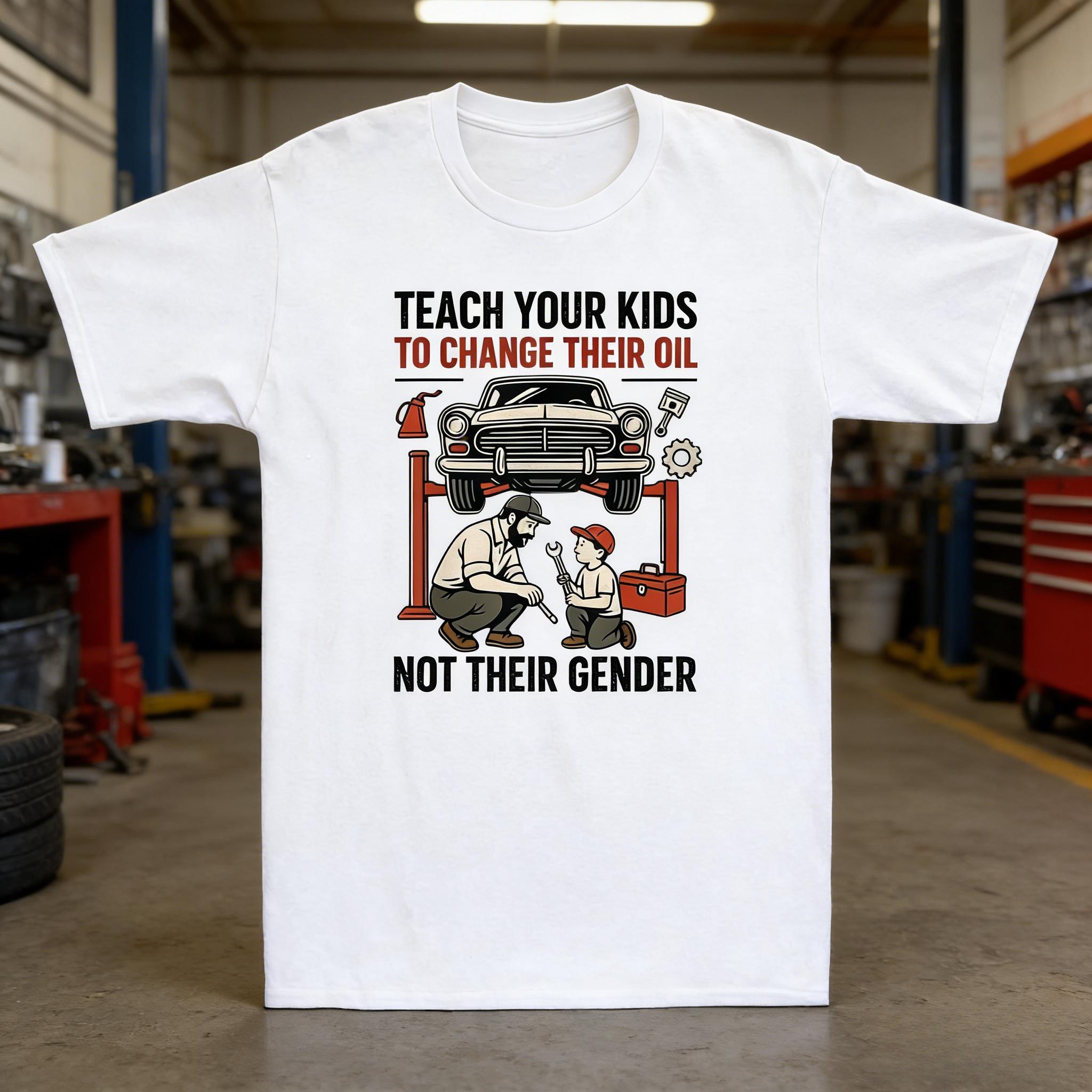 Teach Your Kids To Change Their Oil Not Their Gender Funny Graphic Tee Printed Design Comfortable and Breathable Mens Clothing 2XL