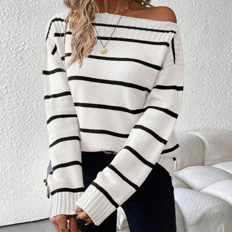 European and American autumn and winter sweaters women's fashion and sexy striped one-word collar shoulder-down knitted top