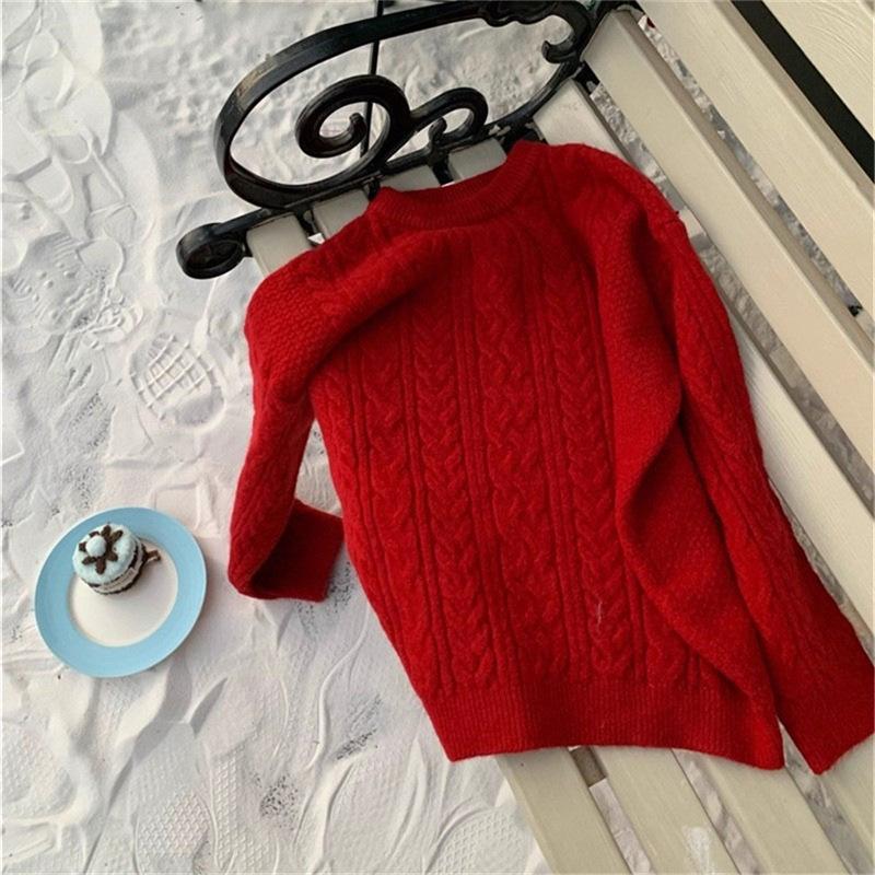 

Ніжний пуловер з косами з круглим вирізом для жінок, Новий вільний та м який в язаний топ для осені та зими One size червоний