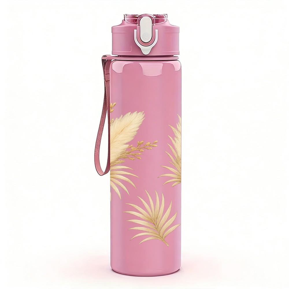1PC Dry Beige Pampas Grass Bouquet Print 750ml Color Plastic Sports Water Bottle Leakproof Flip Straw Lid Suitable for Sports Office Home Use
