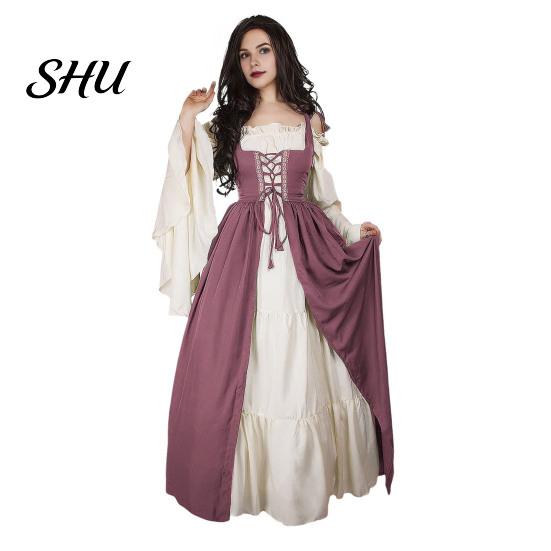 Maxikleid 1 Set Damen Raffung Rand Quadratischer Ausschnitt Enge Taille Fließende Ärmel Vintage Schnürung Patchwork Renaissance Mittelalter Hof Treu Halloween